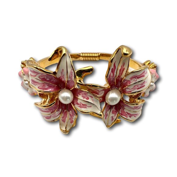 VTG KJL Kenneth Lane Bracelet Pink & White Enameled Flowers Pearls Gold Tone - Picture 2 of 15